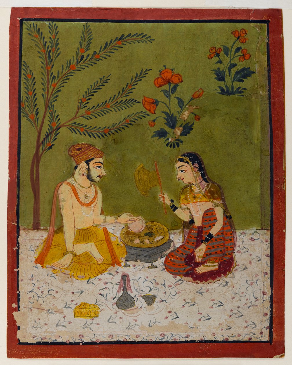 Par siddende under et træ, ca. 1700 (wc & guld på papir) af Indian School