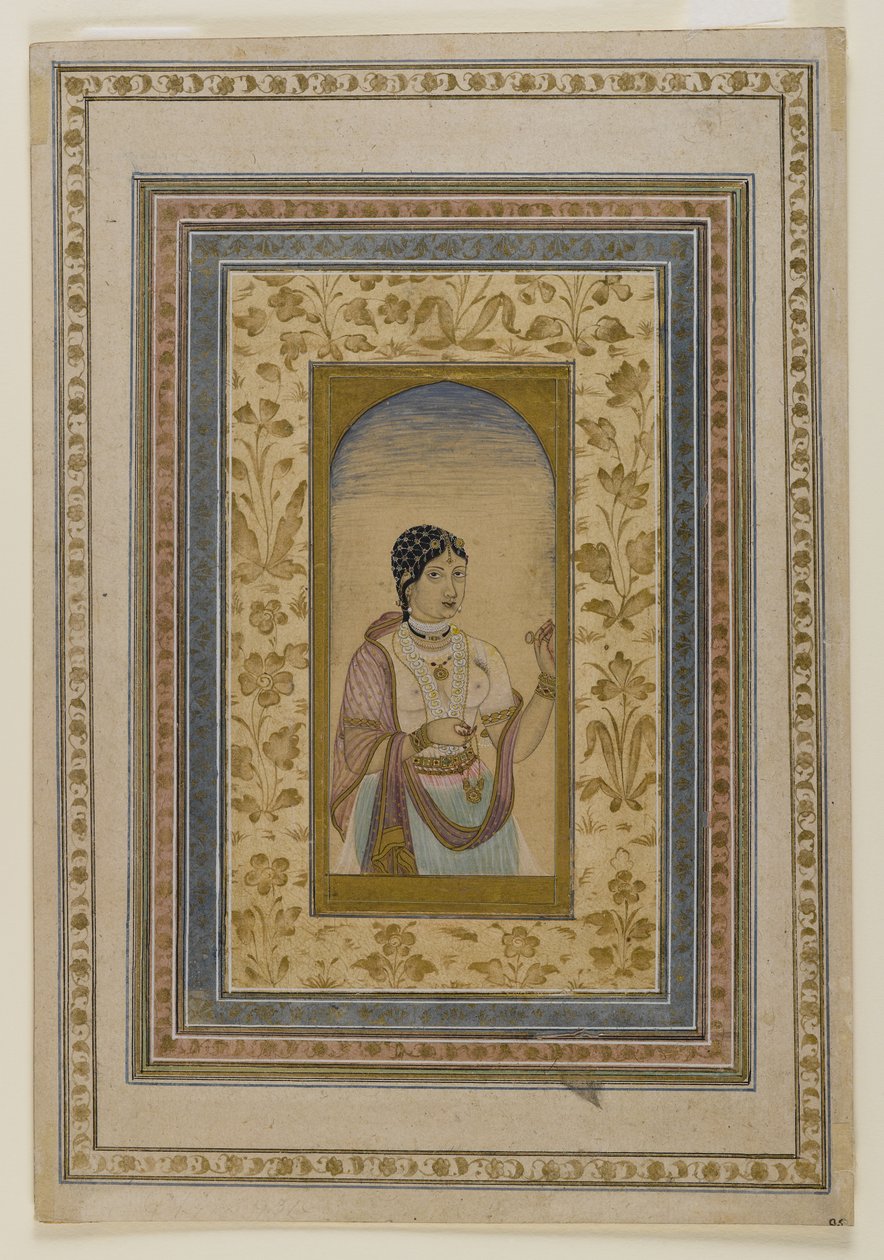 Courtesane in a Window, 1700-tallet (vaske af wc, guld og blæk på papir) af Indian School