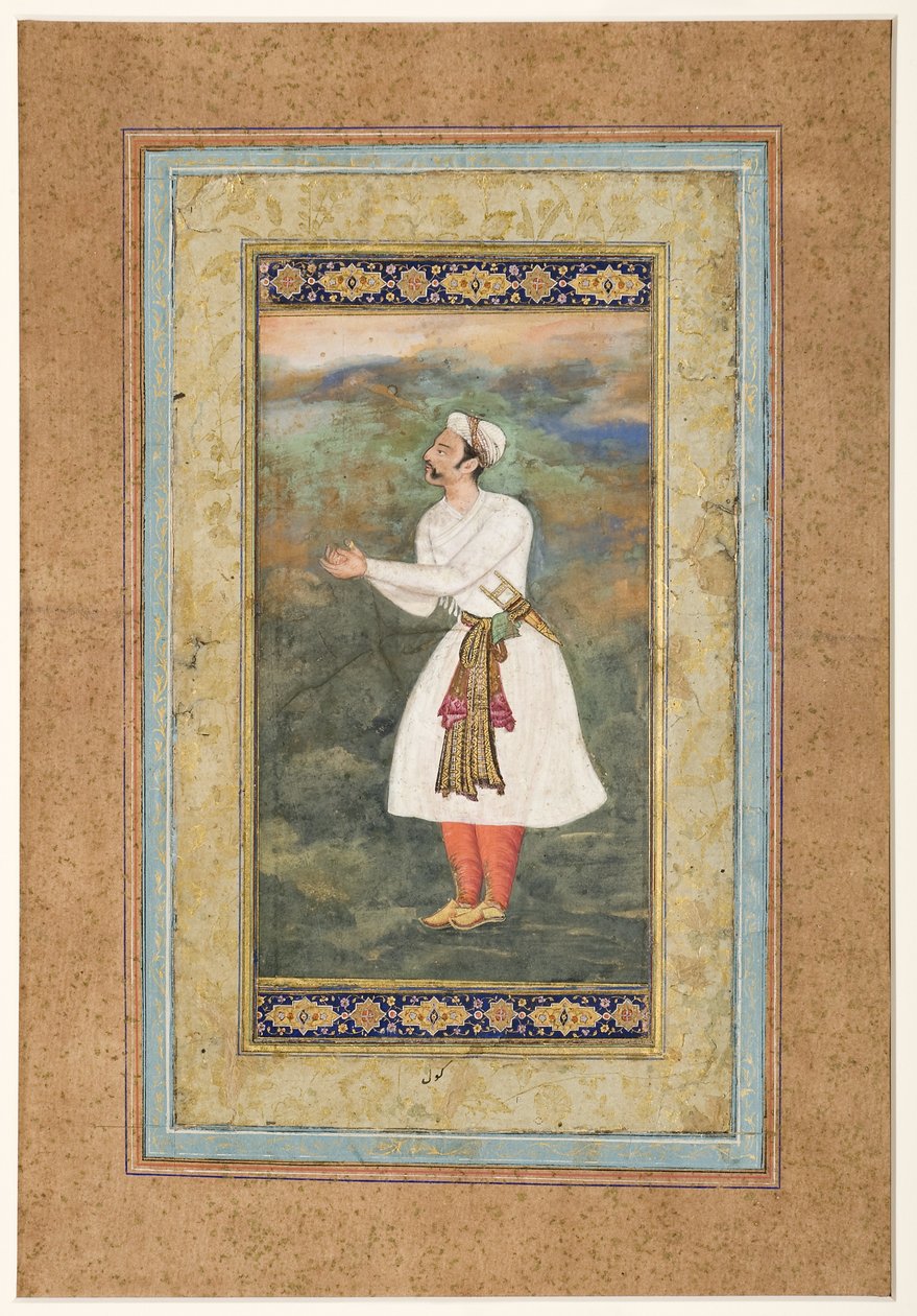 Courtier Standing in an Attitude of Great Respect, ca. 1575 (ugennemsigtigt wc & guld på papir) af Indian School