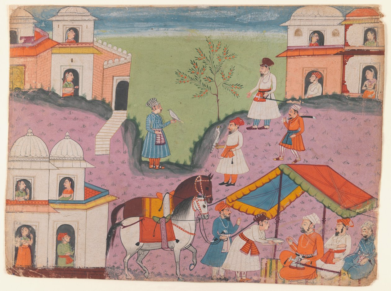 Courtiers eskapader, side fra en uidentificeret narrativ serie, ca. 1670 (ugennemsigtigt wc på papir) af Indian School
