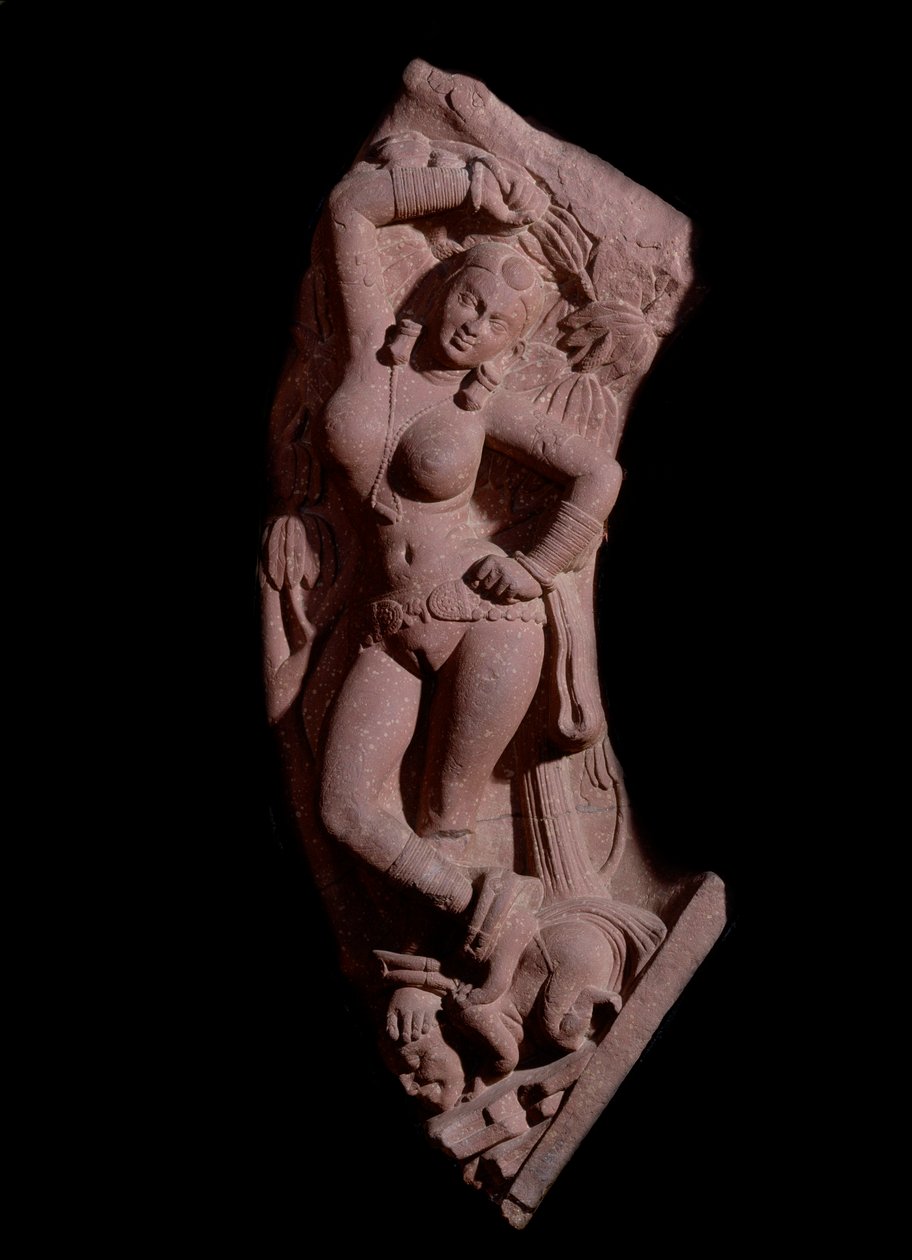 Damsel montering på en dværg (rød sandstensskulptur, Kushan Empire) af Indian School