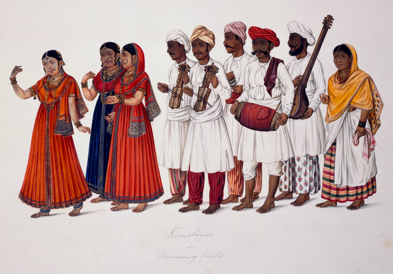 Dansende piger og musikere, ca. 1828 (farve litho) af Indian School