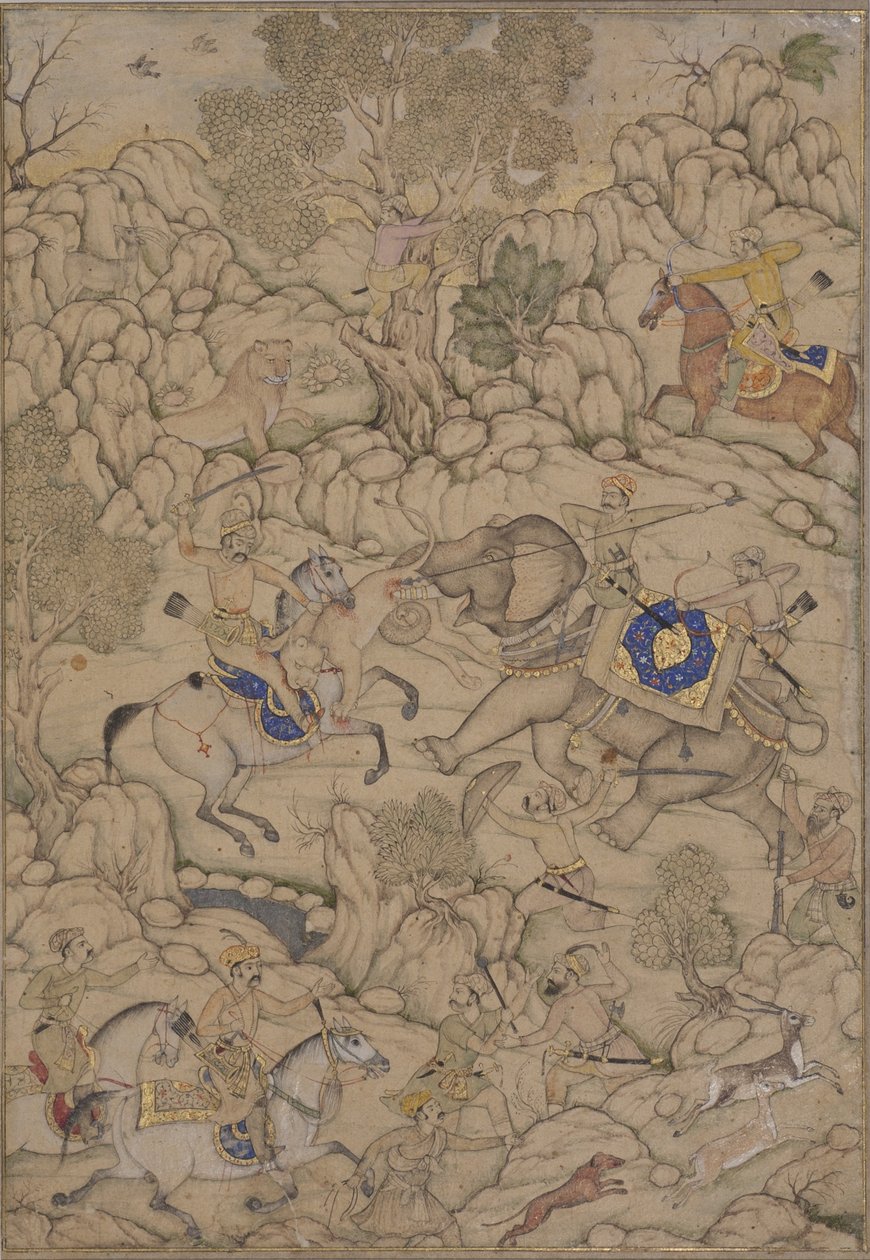 Danger in a Lion Hunt, ca. 1600 (ugennemsigtigt wc på papir) af Indian School