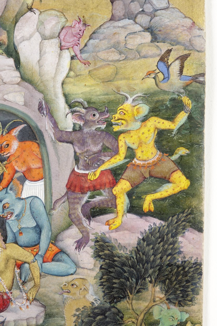 Dæmoner i et vildt landskab, ca. 1600 (ugennemsigtigt wc & guld på papir) af Indian School