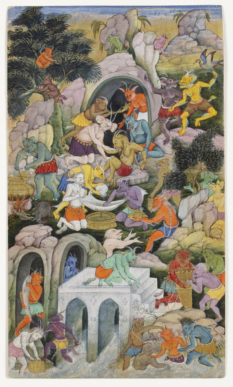 Dæmoner i et vildt landskab, ca. 1600 (ugennemsigtigt wc & guld på papir) af Indian School