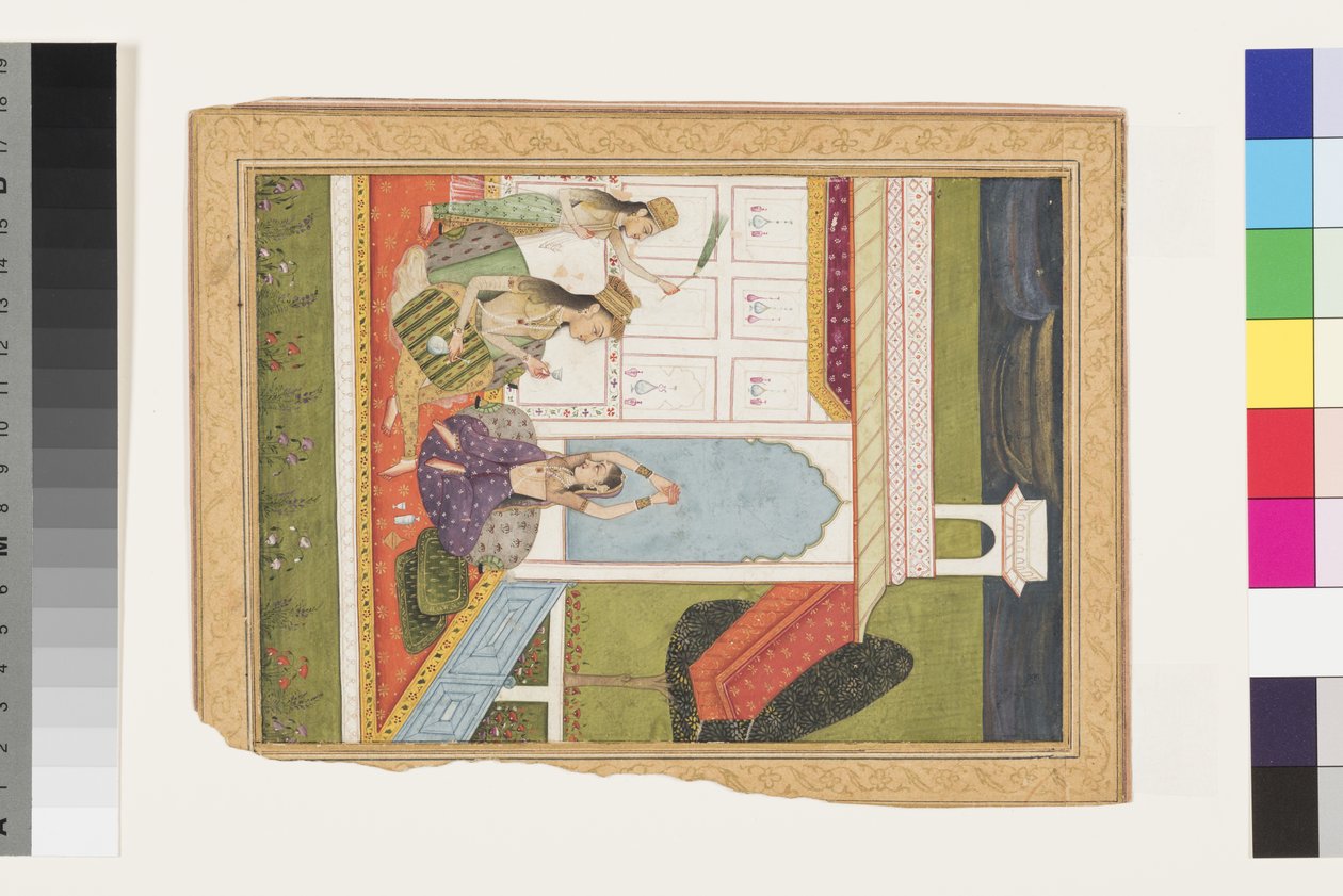 Desavarati Ragini fra Dipak, begyndelsen af det 18. århundrede (ugennemsigtig akvarel og guld på papir) af Indian School
