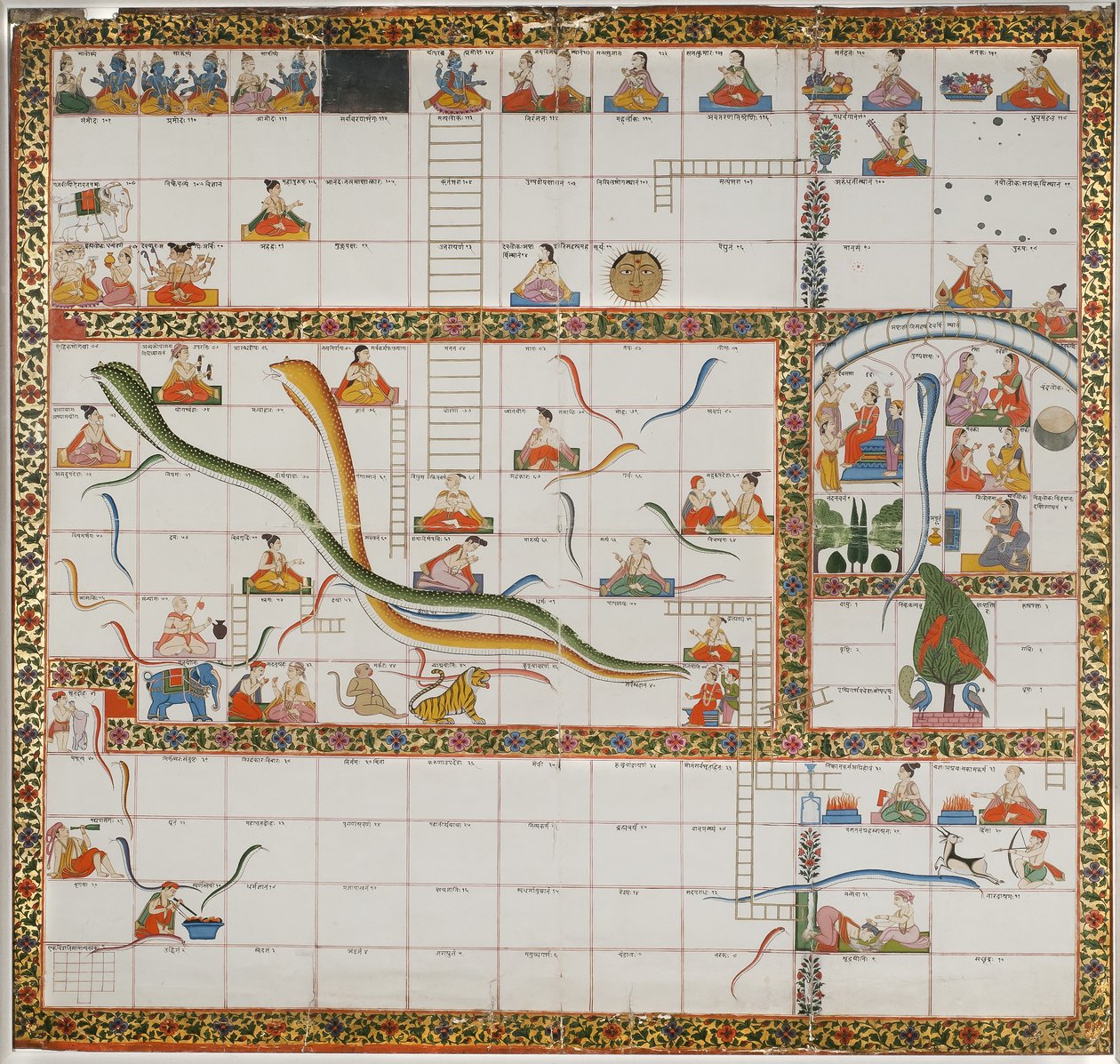 Design til spillet Snakes and Ladders, 1800 (gouache på papir monteret på stof) af Indian School