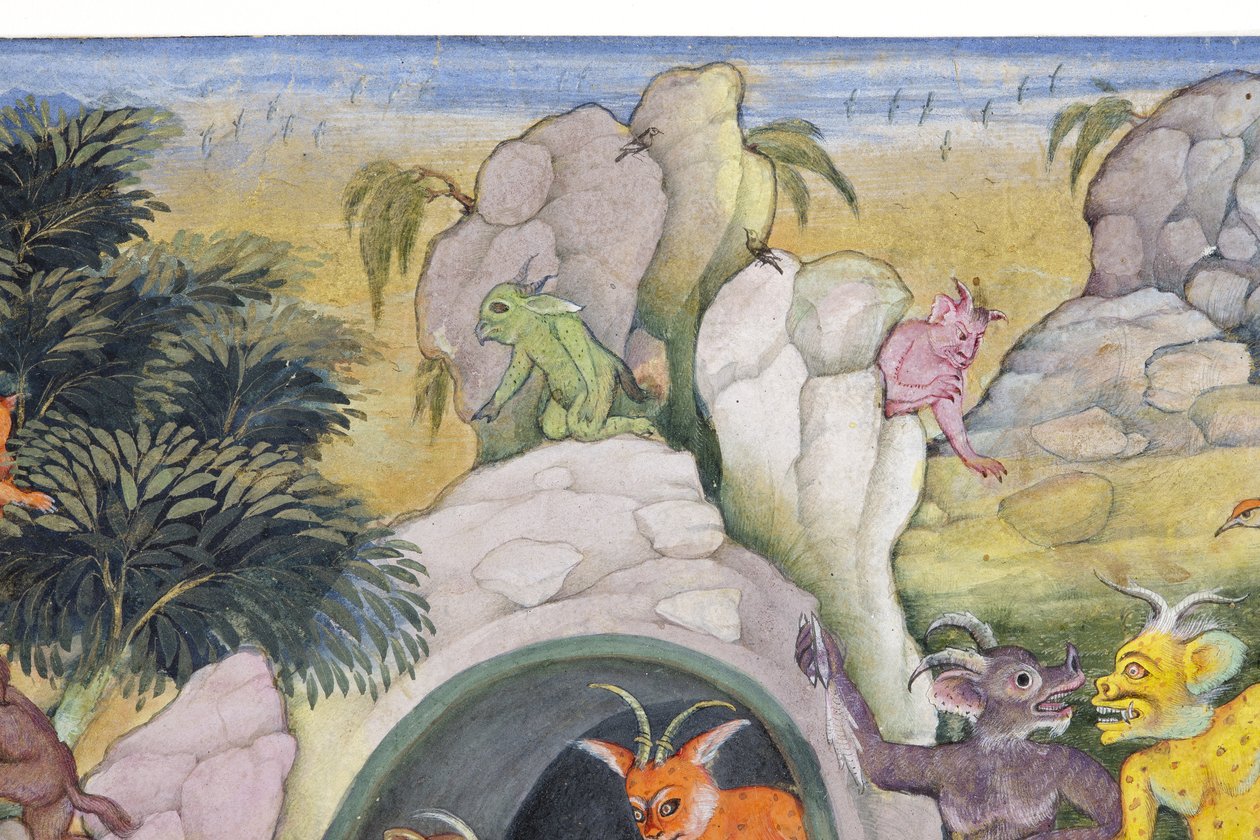 Detalje fra Demons in a Wild Landscape, ca. 1600 (ugennemsigtigt wc & guld på papir) af Indian School