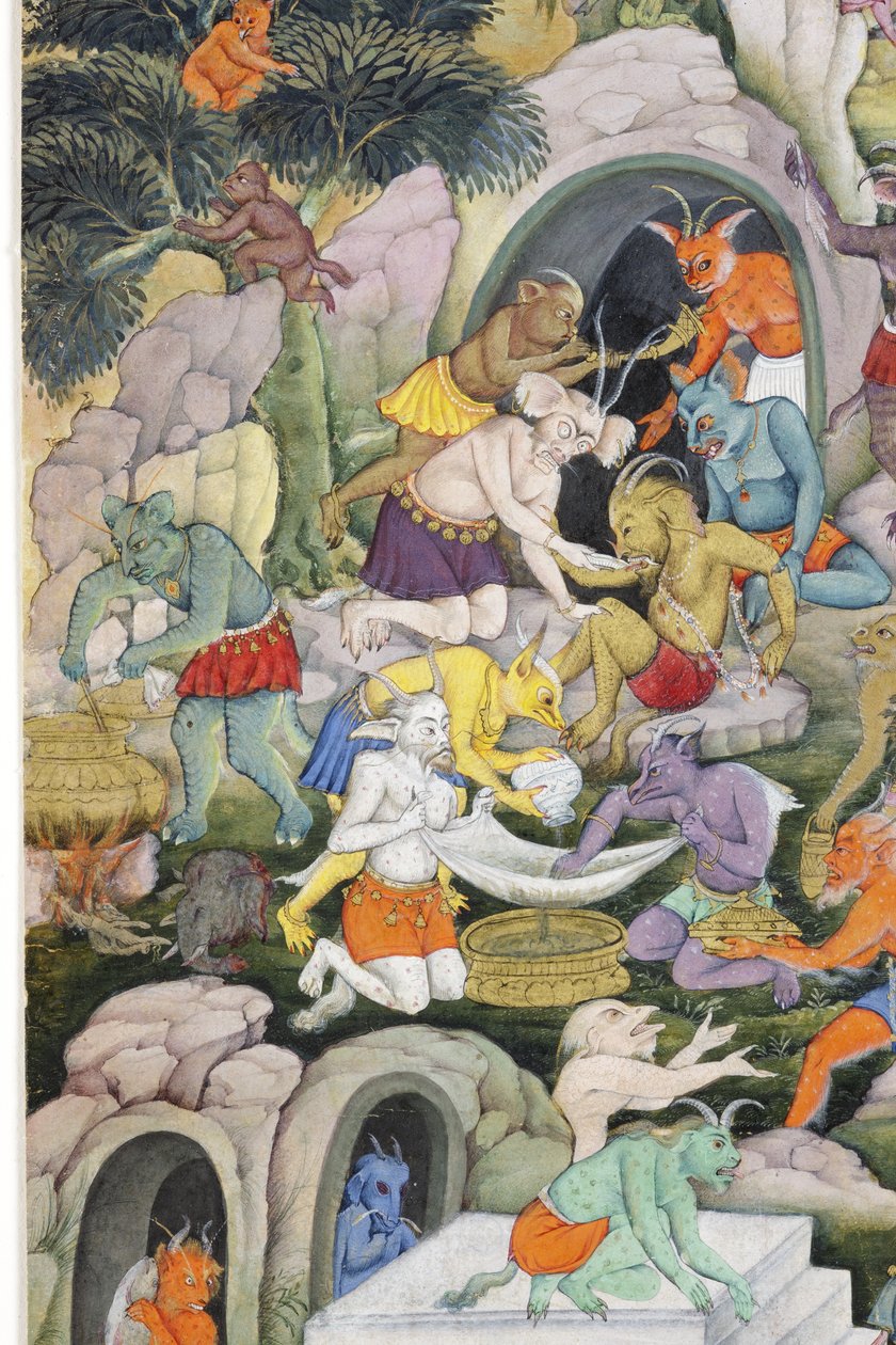 Detalje fra Demons in a Wild Landscape, ca. 1600 (ugennemsigtigt wc & guld på papir) af Indian School