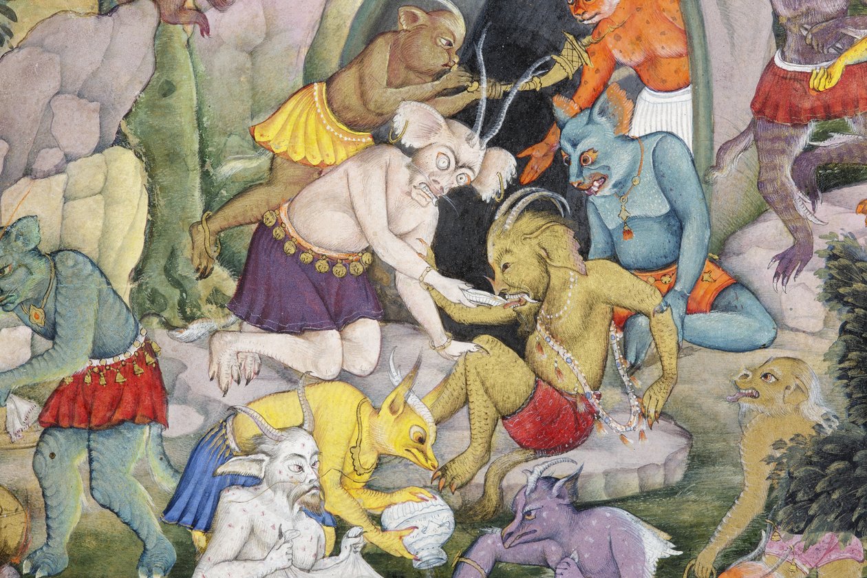 Detalje fra Demons in a Wild Landscape, ca. 1600 (ugennemsigtigt wc & guld på papir) af Indian School