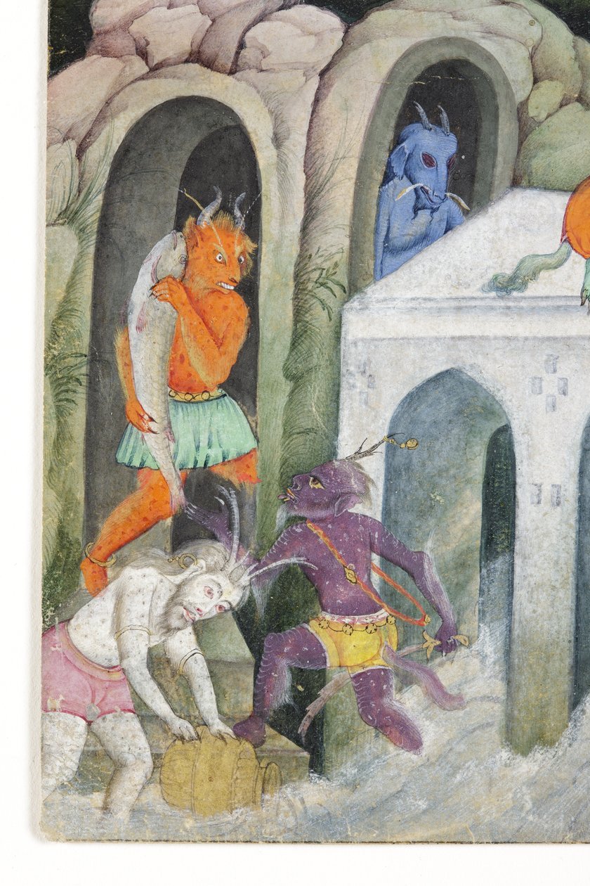 Detalje fra Demons in a Wild Landscape, ca. 1600 (ugennemsigtigt wc & guld på papir) af Indian School