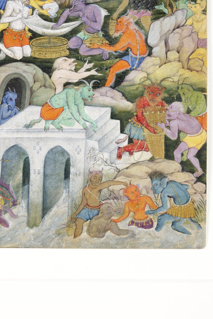 Detalje fra Demons in a Wild Landscape, ca. 1600 (ugennemsigtigt wc & guld på papir) af Indian School