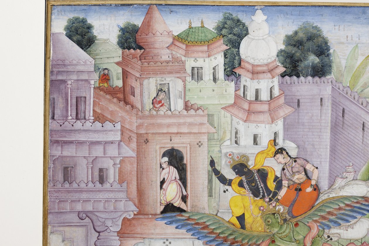 Detalje fra Krishna Spalter Dæmonen Narakasura med sin Discus, ca. 1585-90 (ugennemsigtigt wc & guld på papir) af Indian School