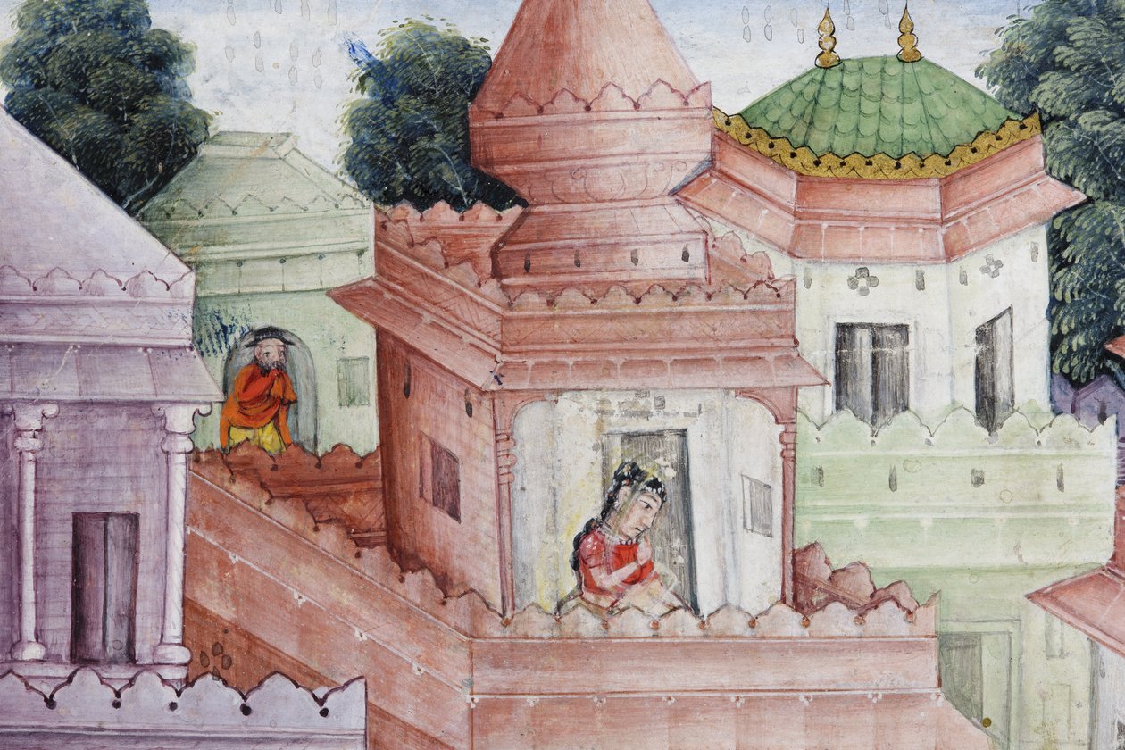 Detalje fra Krishna Spalter Dæmonen Narakasura med sin Discus, ca. 1585-90 (ugennemsigtigt wc & guld på papir) af Indian School