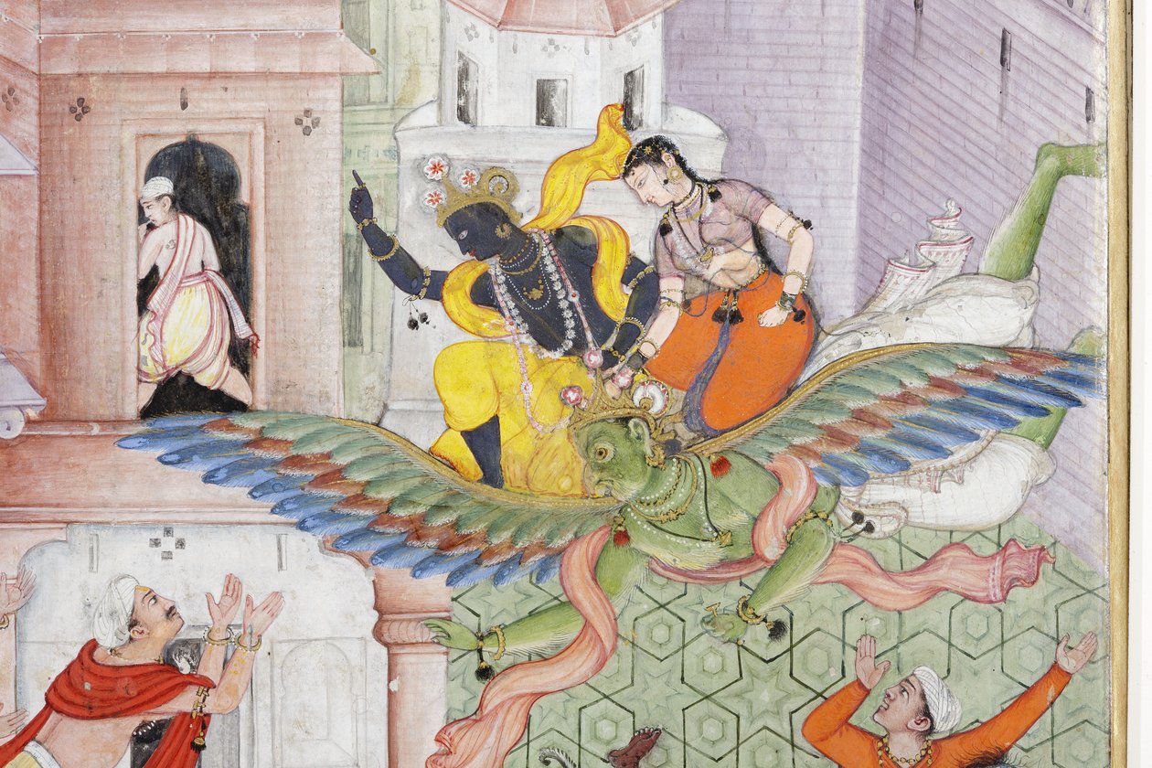 Detalje fra Krishna Spalter Dæmonen Narakasura med sin Discus, ca. 1585-90 (ugennemsigtigt wc & guld på papir) af Indian School