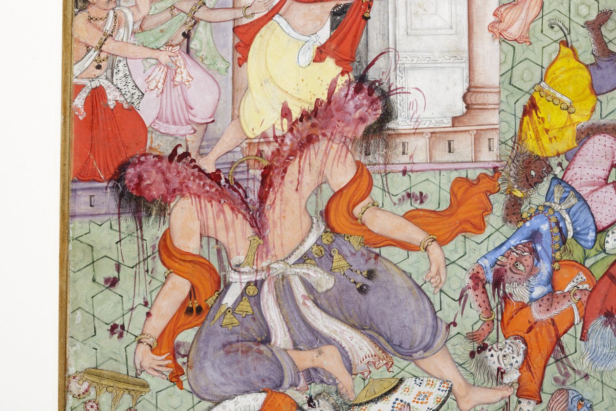 Detalje fra Krishna Spalter Dæmonen Narakasura med sin Discus, ca. 1585-90 (ugennemsigtigt wc & guld på papir) af Indian School