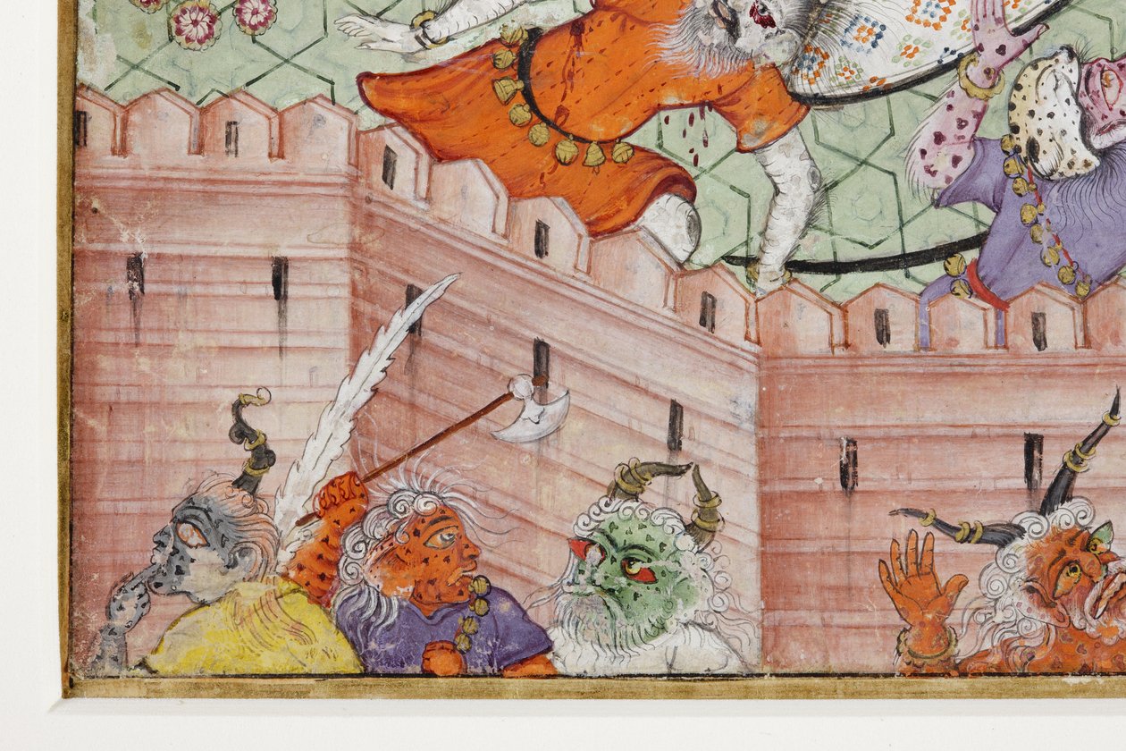 Detalje fra Krishna Spalter Dæmonen Narakasura med sin Discus, ca. 1585-90 (ugennemsigtigt wc & guld på papir) af Indian School