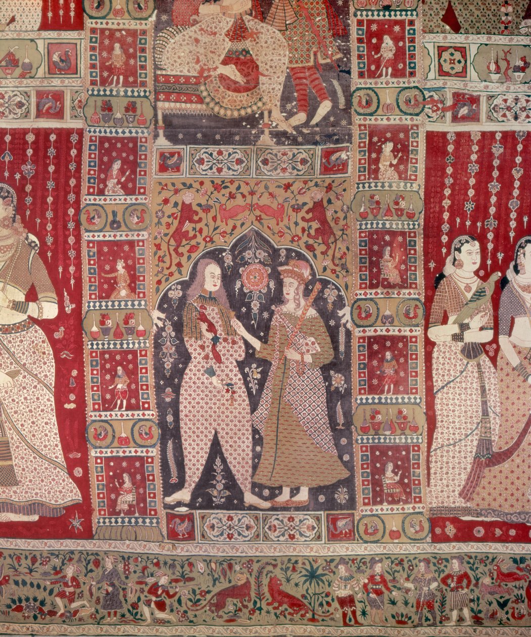 Detalje af et vægophæng dekoreret med europæiske figurer (malet bomuld) af Indian School