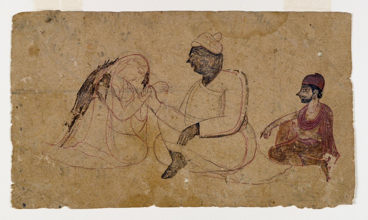 Tegning af tre siddende figurer, ca. 1750 (blæk og farve på papir) af Indian School