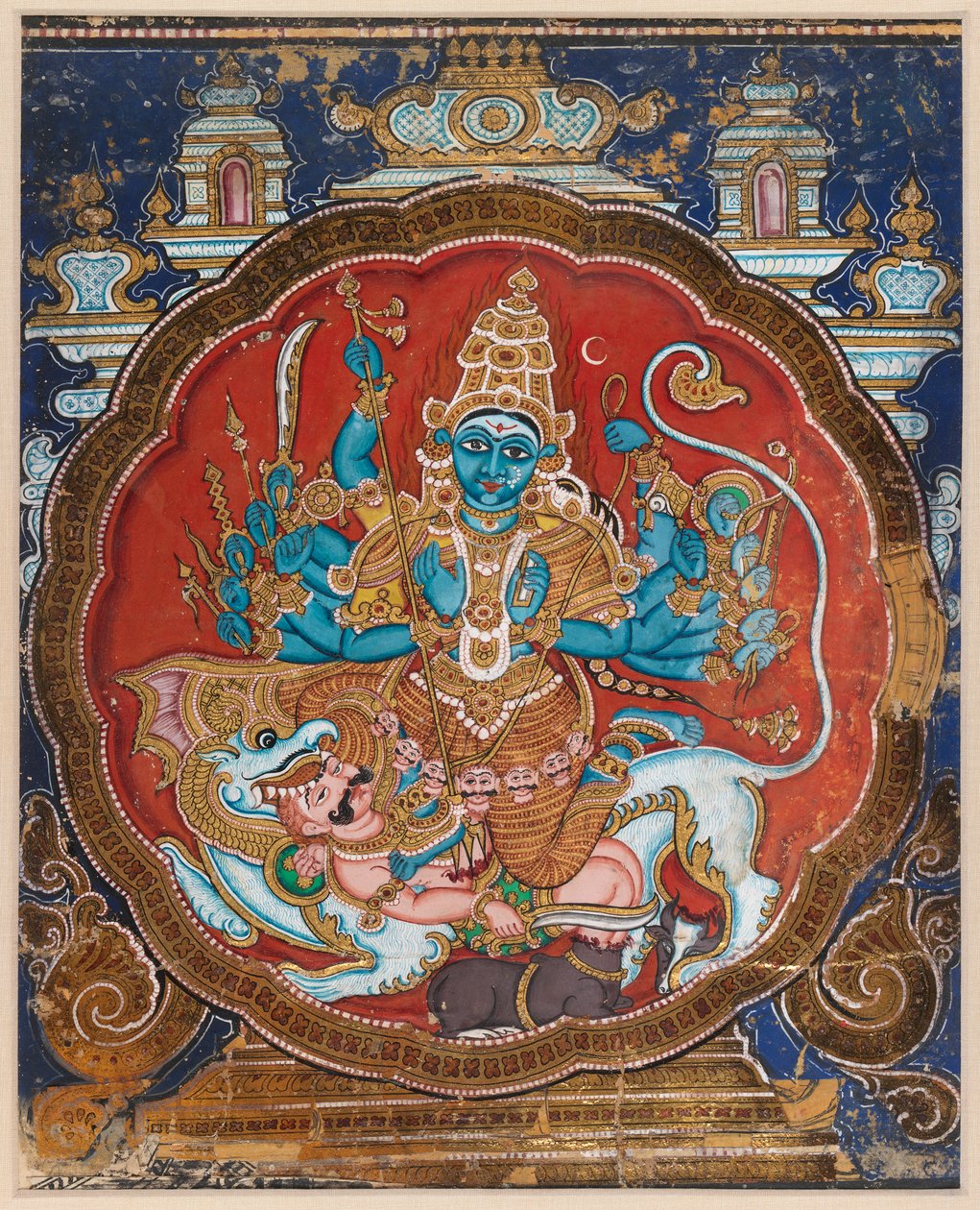 Durga Killing the Buffalo Demon (ugennemsigtig akvarel udsmykket med påførte guld- og lakstrimler) af Indian School