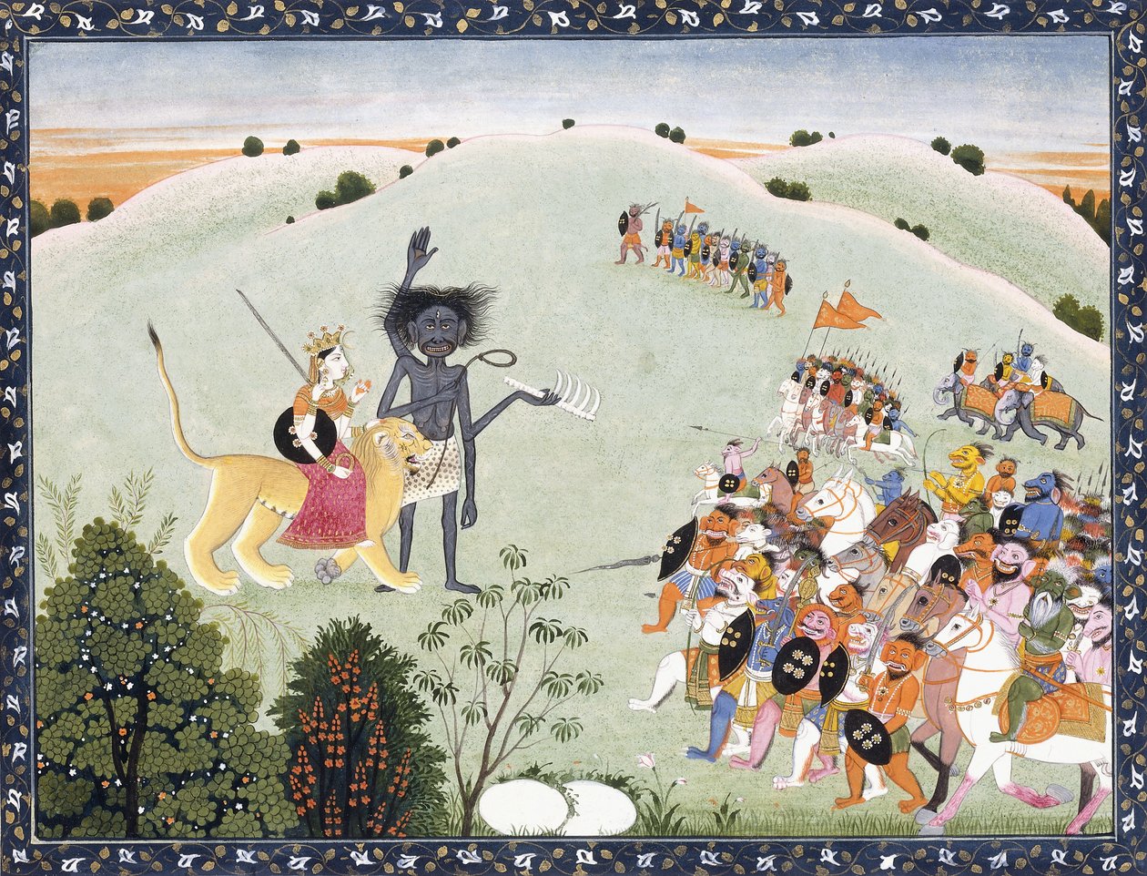 Durga og Kali står foran den fremadstormende hær af dæmoner, ca. 1800-1820 af Indian School