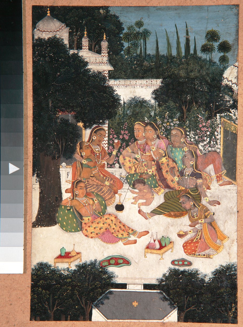 Otte kvinder og et barn på en paladsterrasse, ca. 1760 (ugennemsigtigt toilet på papir) af Indian School