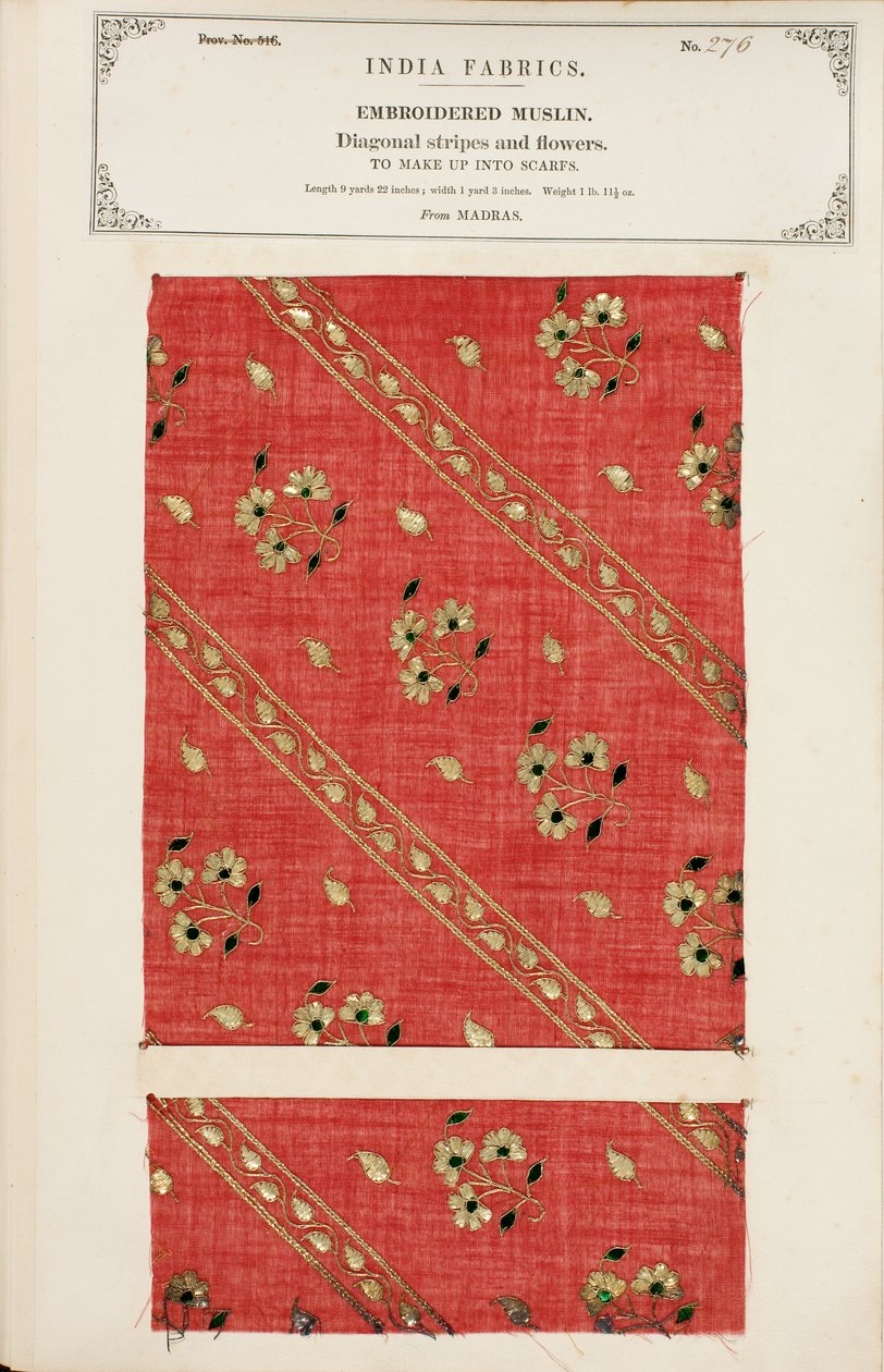 Broderet muslinprøve fra Madras, fra The Collection of the Textile Manufacturers of India, af John Forbes Watson, udgivet i 1866 af Indian School
