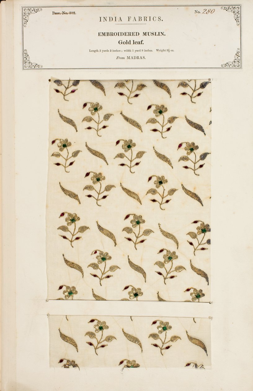 Broderet muslinprøve fra Madras, fra The Collection of the Textile Manufacturers of India, af John Forbes Watson, udgivet i 1866 af Indian School