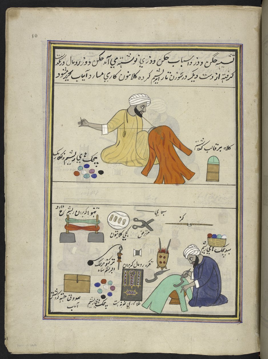 Broderer og gofferer,  86 tegninger indbundet i et bind, der viser håndværk og erhverv i Kashmir, håndværkere vises i arbejde med deres redskaber og udstyr,  Af en Kashmir-kunstner, sandsynligvis i Srinagar, ca. 1850-60 (gouache på papir) af Indian School