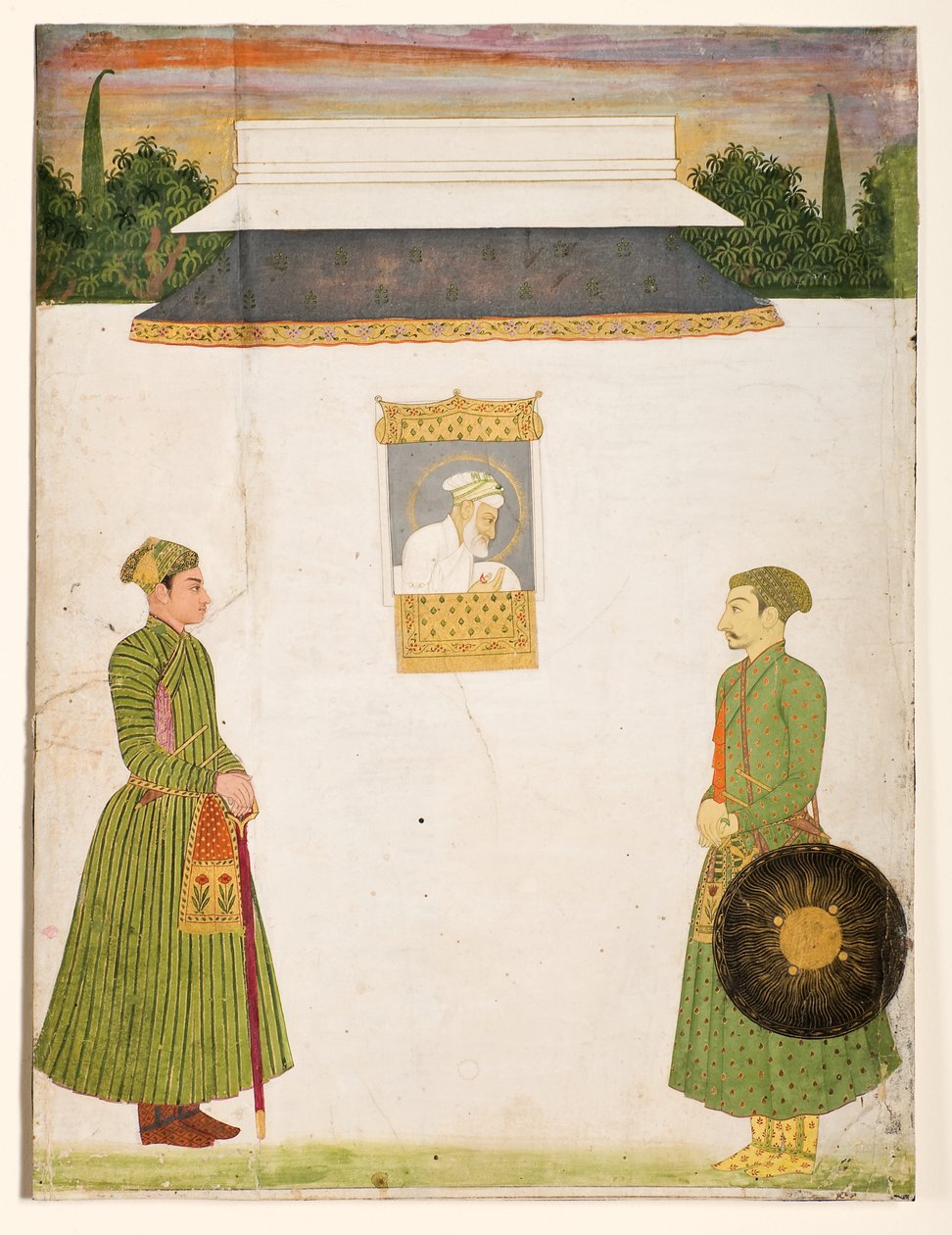 Kejser Aurangzeb ved et jharokha-vindue med to adelsmænd i forgrunden, ca. 1710 (uigennemsigtigt wc-guld på papir) af Indian School
