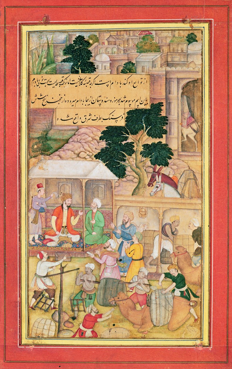 Kejser Babur (r.1526-30) i samtale med en gammel mand, 15.-17. århundrede af Indian School