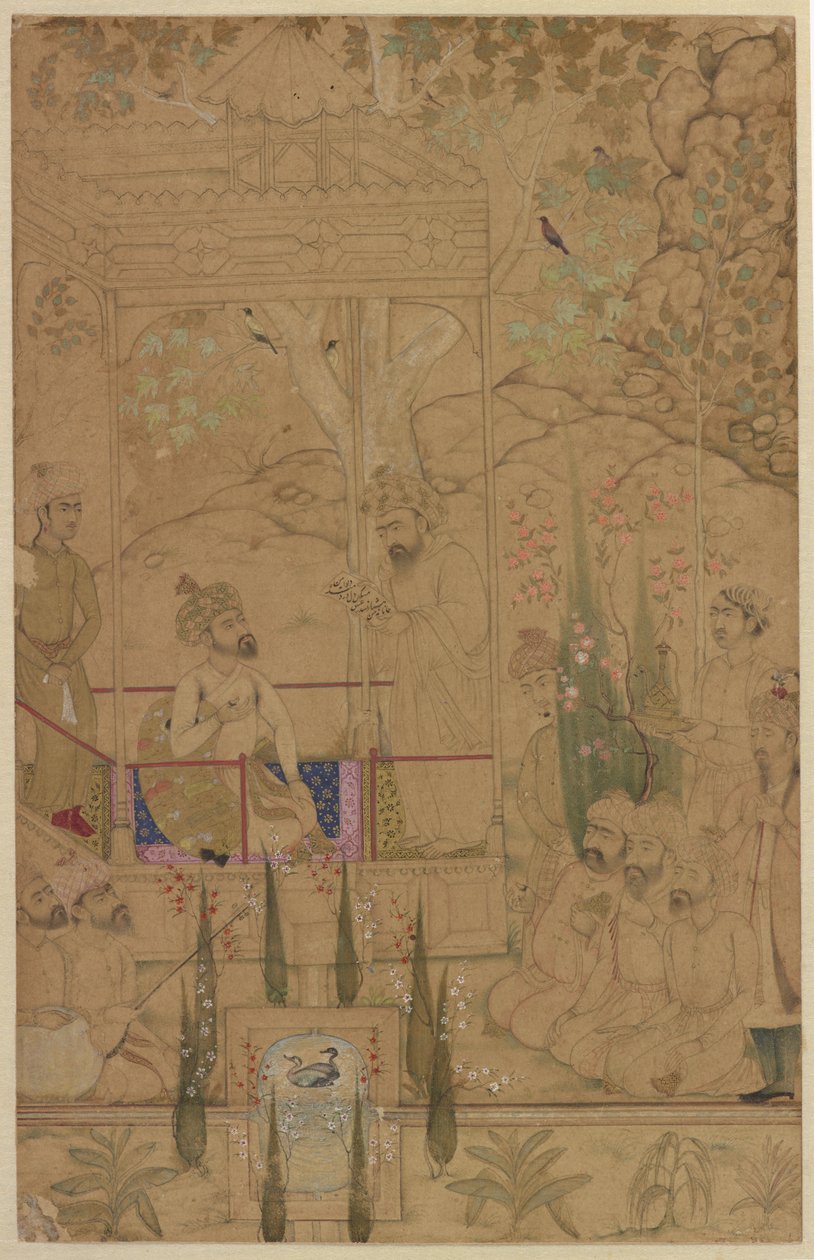 Kejser Babur med tjenere i en have, ca. 1590 af Indian School