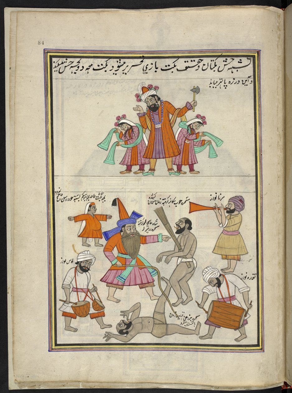 Underholdere,  86 tegninger indbundet i et bind, der viser håndværk og erhverv i Kashmir, håndværkere vises i arbejde med deres redskaber og udstyr,  Af en Kashmir-kunstner, sandsynligvis i Srinagar, ca. 1850-60 (gouache på papir) af Indian School