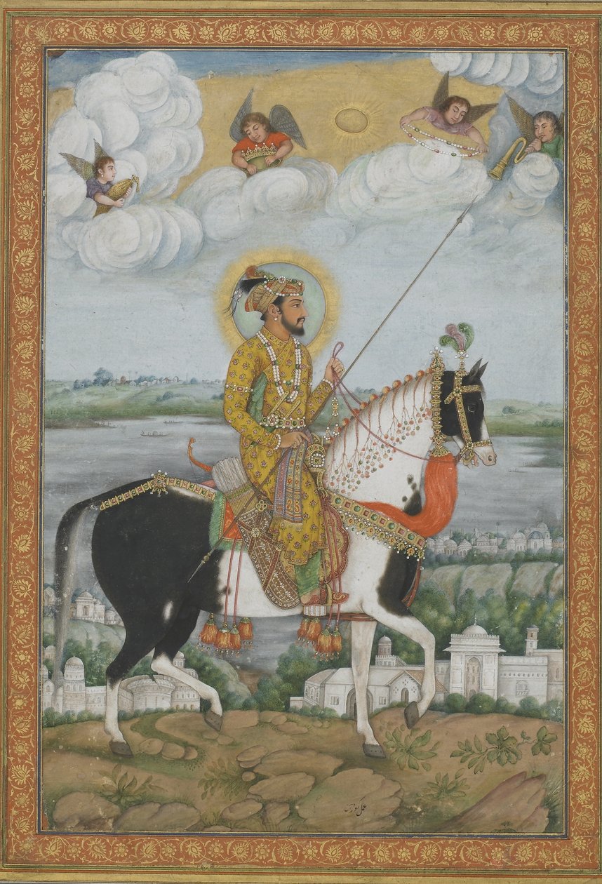 Ridesportræt af kejseren Shah Jahan fra Kevorkian Album (ugennemsigtig akvarel og guld på papir) af Indian School