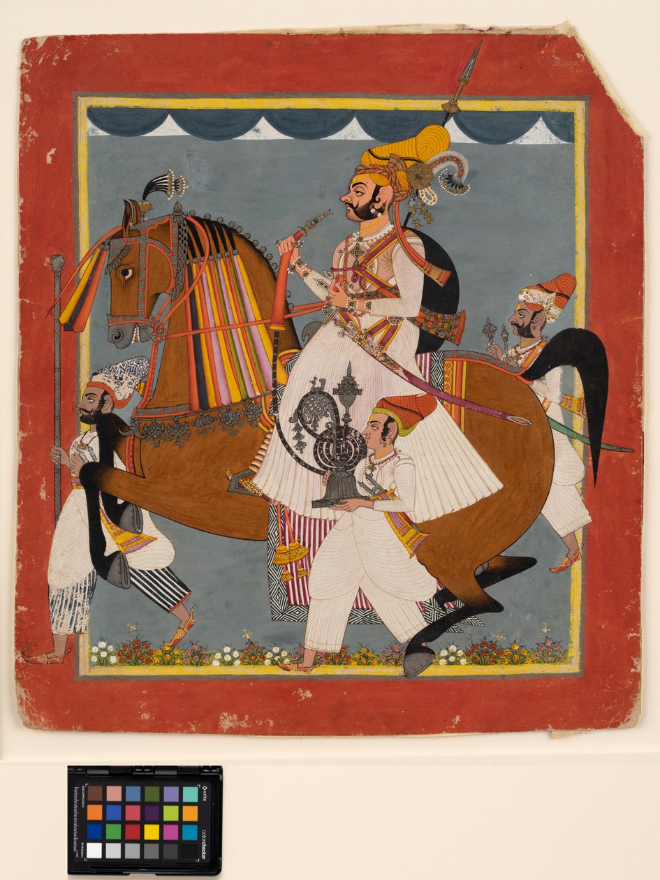 Rytter Raja Bhim Singh med vandpibe og tjenere, ca. 1820 (ugennemsigtig m/c, guld og sølv på papir) af Indian School