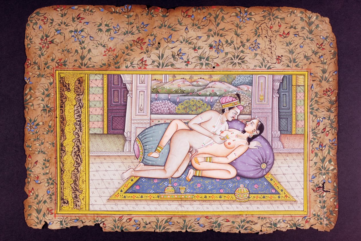 Erotisk scene i et luksuriøst boudoir, Rajasthani-miniaturemaleri af Indian School