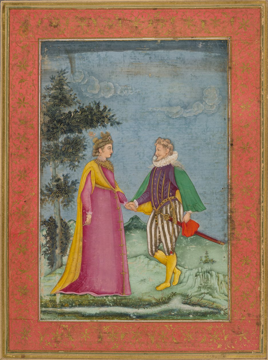 Europæisk herre og dame, klædt i Elizabethansk kostume, illustration fra 