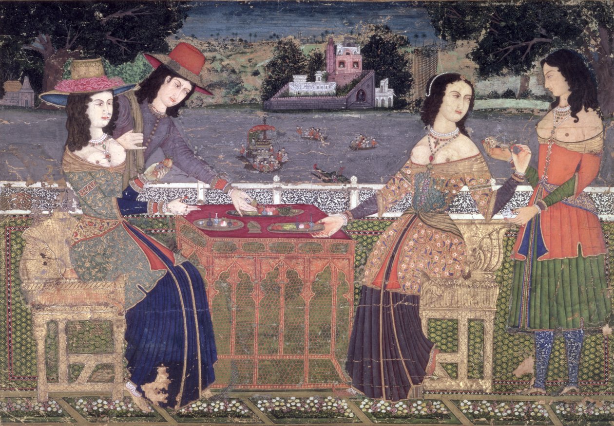 Europæere frisker sig op på en balkon, Mughal, muligvis Deccan (ugennemsigtigt toilet på papir) af Indian School