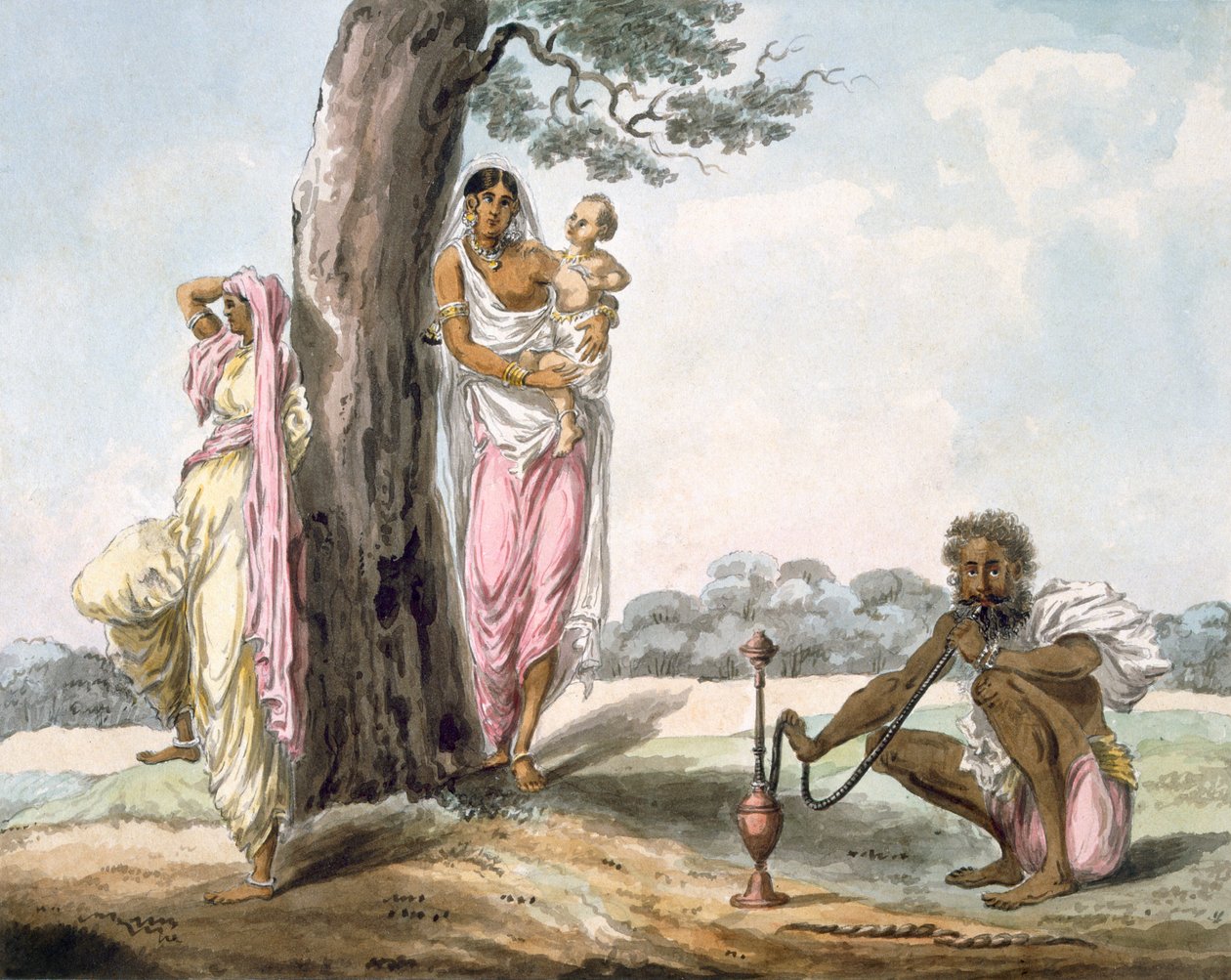 Familie: Mand ryger vandpibe og pige laver yoga, ca. 1850 (wc på papir) af Indian School