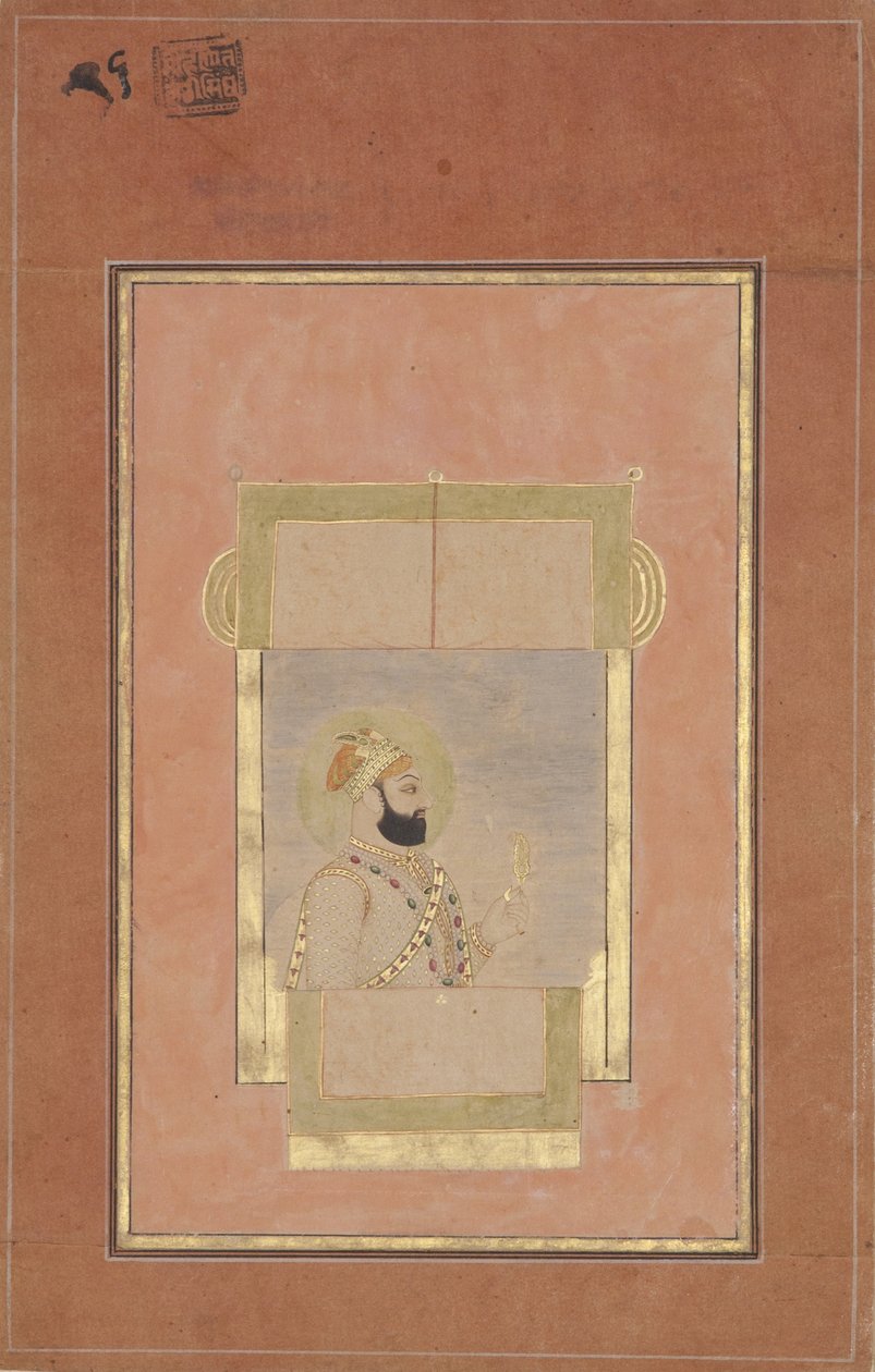 Farrukh Siyyar siddende ved et vindue, med en guldsarpech, ca. 1715 (ugennemsigtigt wc & guld på papir) af Indian School