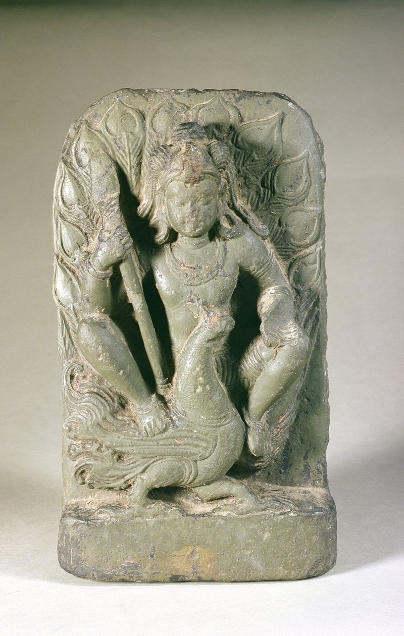 Skandas figur med sin påfugl, Punjab Hills (sandsten) af Indian School