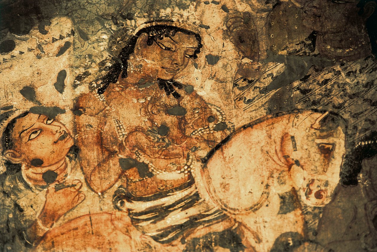 Figur af en kvinde på ryggen af en hest, Vægmaleri i Ajanta-hulerne (nummer 1), Gupta-perioden, 5.-6. århundrede (maleri) af Indian School