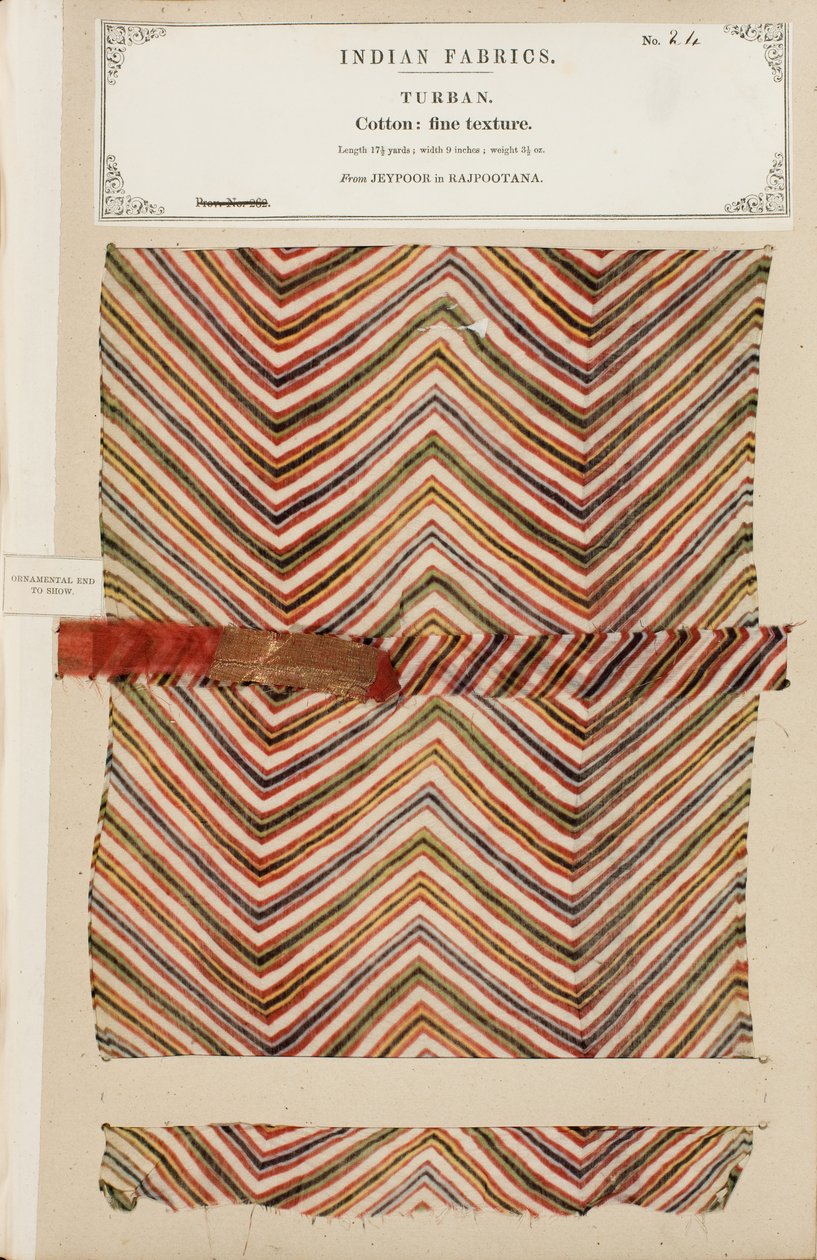 Fin bomuldsturbanprøve fra Jeypoor i Rajpootana, fra The Collection of the Textile Manufacturers of India, af John Forbes Watson, udgivet i 1866 af Indian School