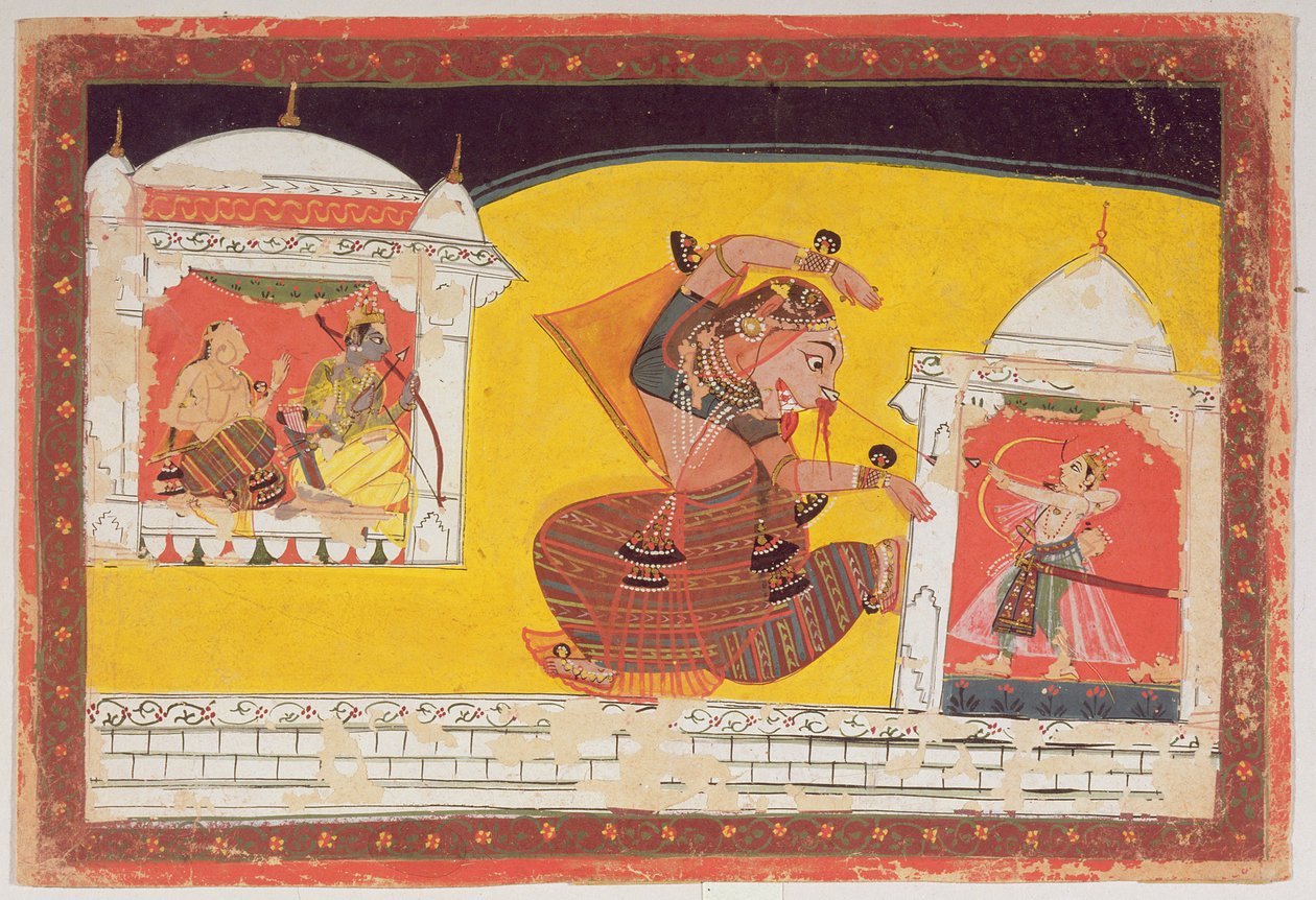 Folio 27 Laksmama skærer næsen af Surpanakha, fra Ramayana, indskrevet på bagsiden i Devanagari, Malwa, Rajput School, slutningen af det 17. århundrede af Indian School