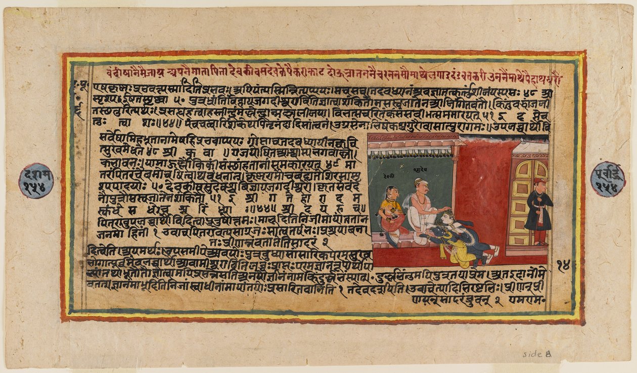 Folio fra en Bhagavata-serie, ca. 1610-50 (wc på papir) (verso af 499339) af Indian School