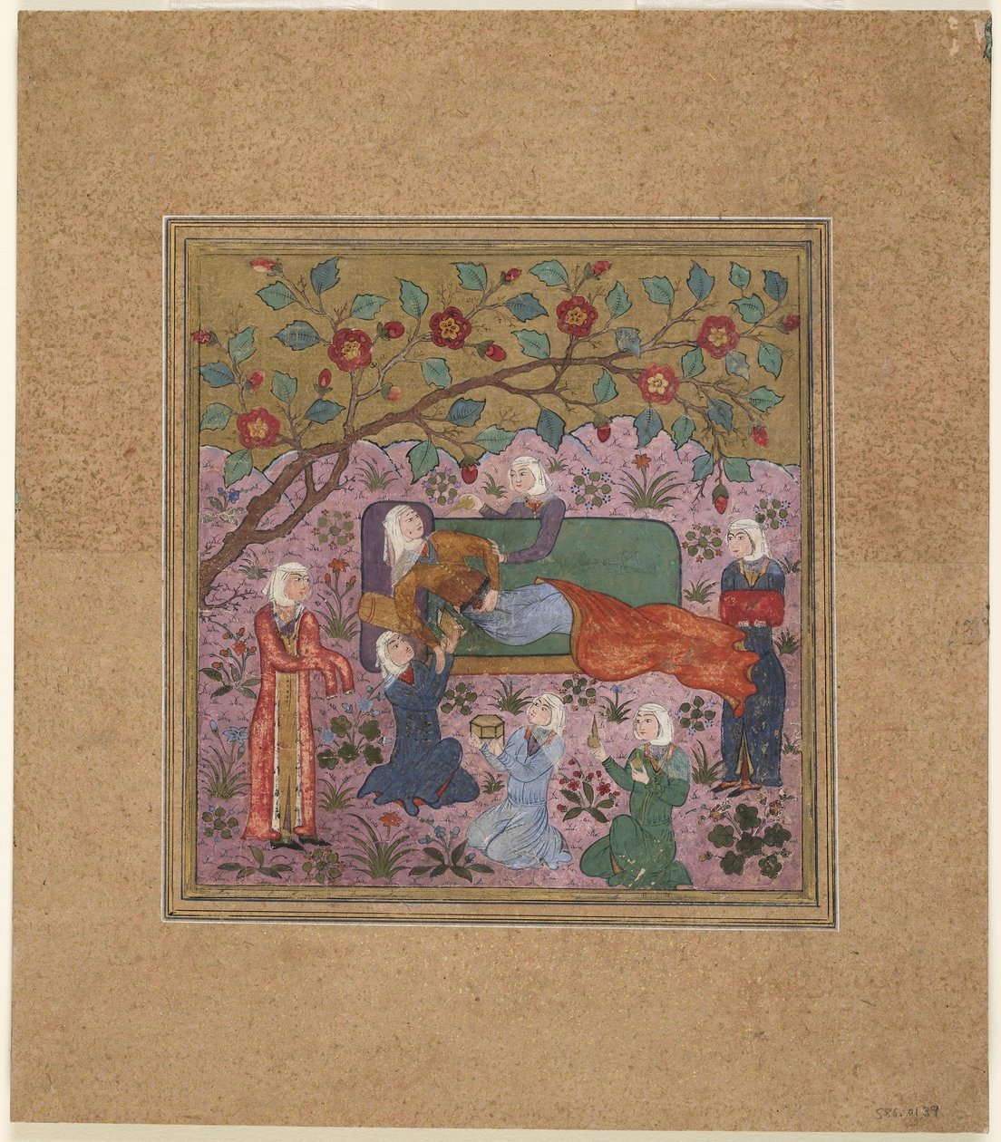 Folio fra en Shahnama (Kongernes Bog) af Firdawsi (d.1020); En tilbagelænet kvinde omgivet af ledsagere (ugennemsigtig akvarel, blæk og guld på papir) af Indian School