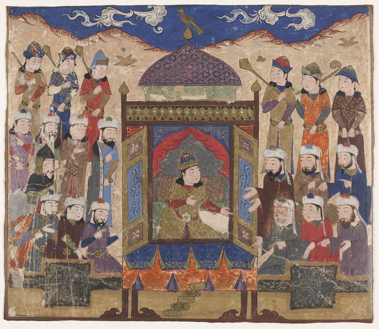 Folio fra en Shahnama (Kongebog) af Firdawsi (d.1020); Kay Khusraw Parwez Siddende på Takht-i Taqdis, muligvis Indien, ca. 1425-50 (uigennemsigtig akvarel og guld på papir) af Indian School