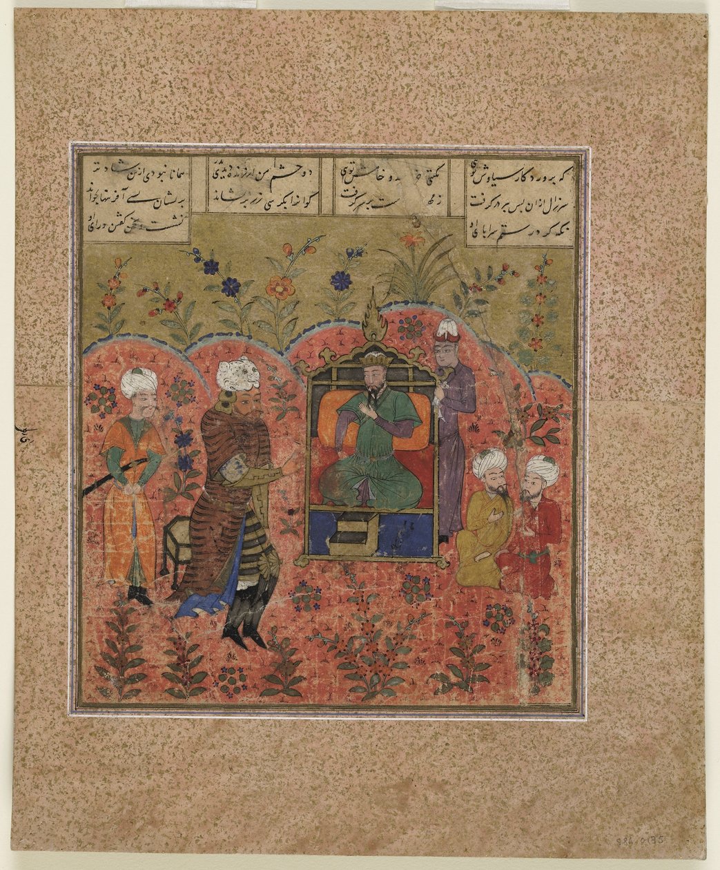Folio fra en Shahnama (Kongernes Bog) af Firdawsi (d.1020); Rustam før Kay Kaus (ugennemsigtig akvarel, blæk og guld på papir) af Indian School