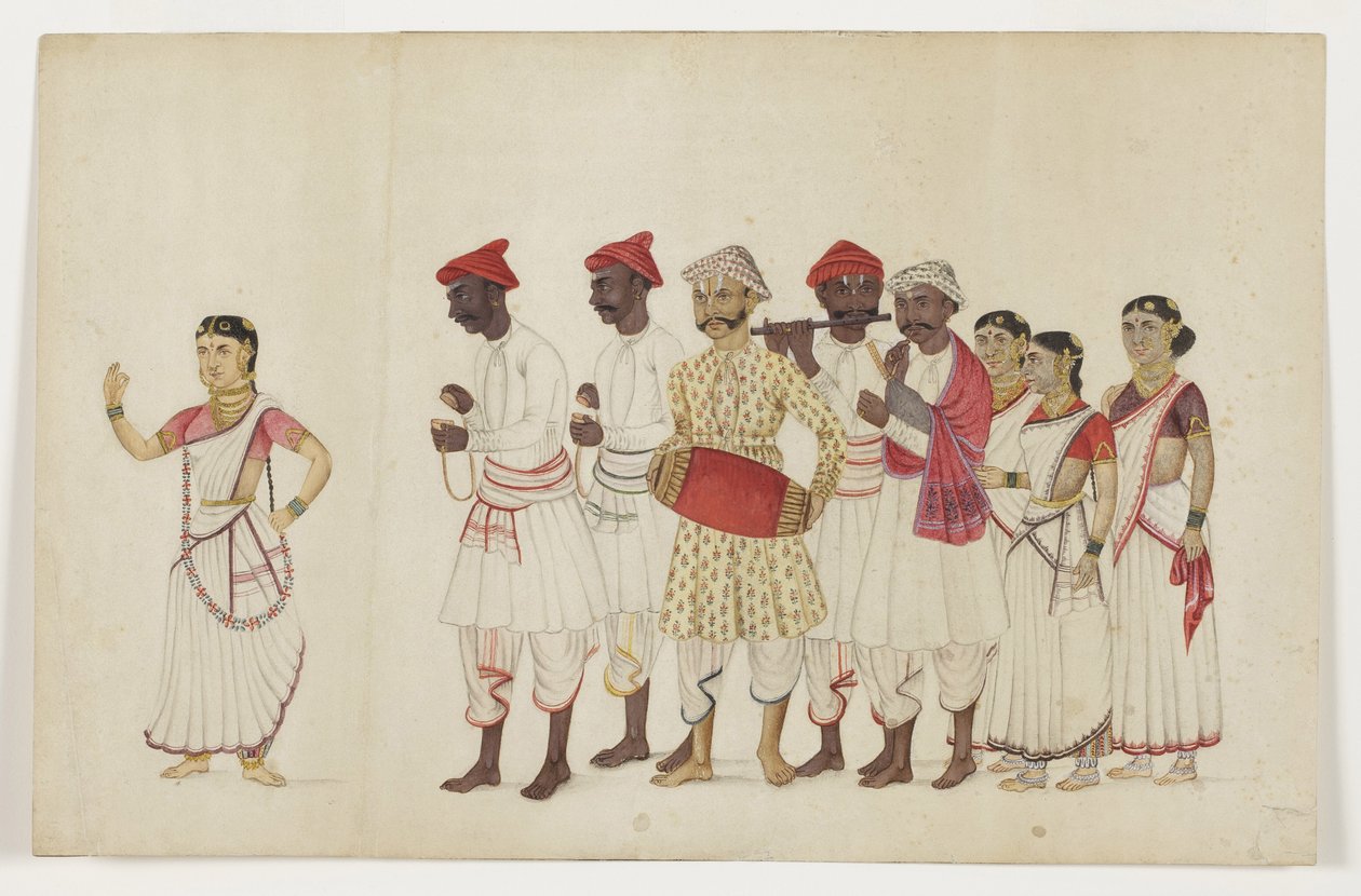 Fire kvindelige dansere i procession med musikere, ca. 1830 (ugennemsigtigt wc & guld på papir) af Indian School