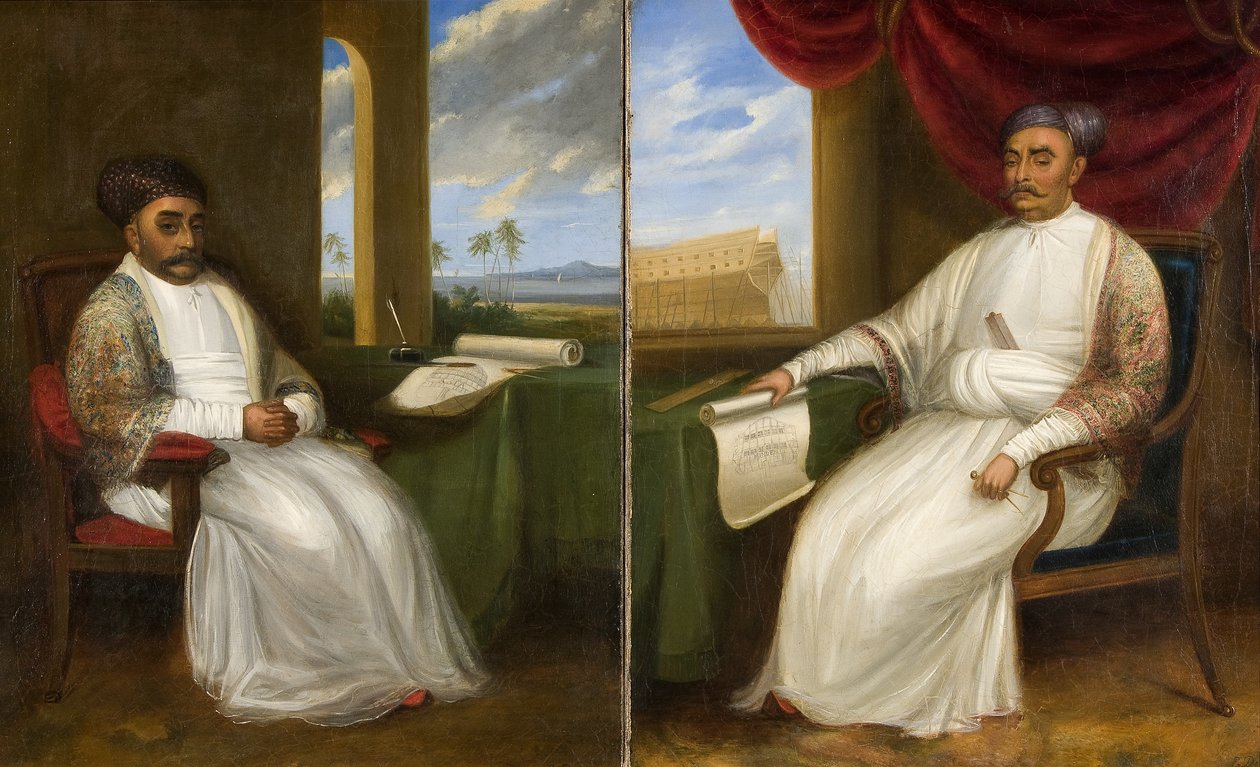 Portræt i fuld længde af Parsi-skibsbyggeren Jamsetjee Bomanjee og hans søn, Nourojee Jamsetsee, 1830 af Indian School